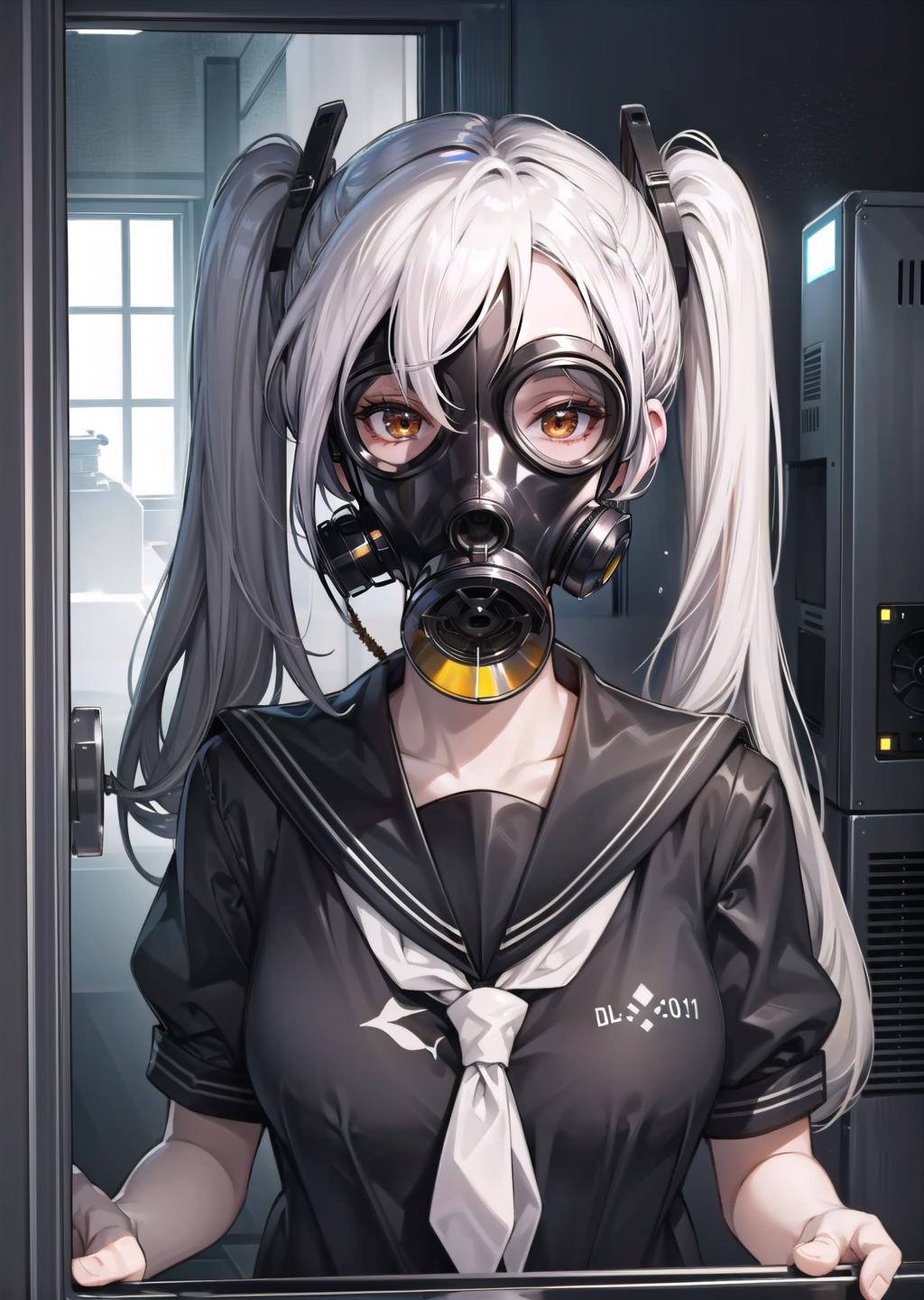 prompthunt: wearing gas mask, 2d anime, anime character, detailed face,  detailed eyes, close up, studio trigger, 2d anime art